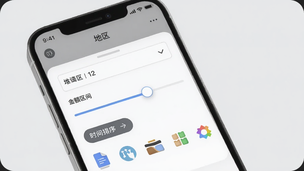 谛听招标多维度筛选界面,手机屏幕显示筛选面板,包含地区下拉菜单、金额区间滑块、时间排序按钮、行业分类图标,背景为浅灰色,界面布局规整,风格现代简洁,画质干净