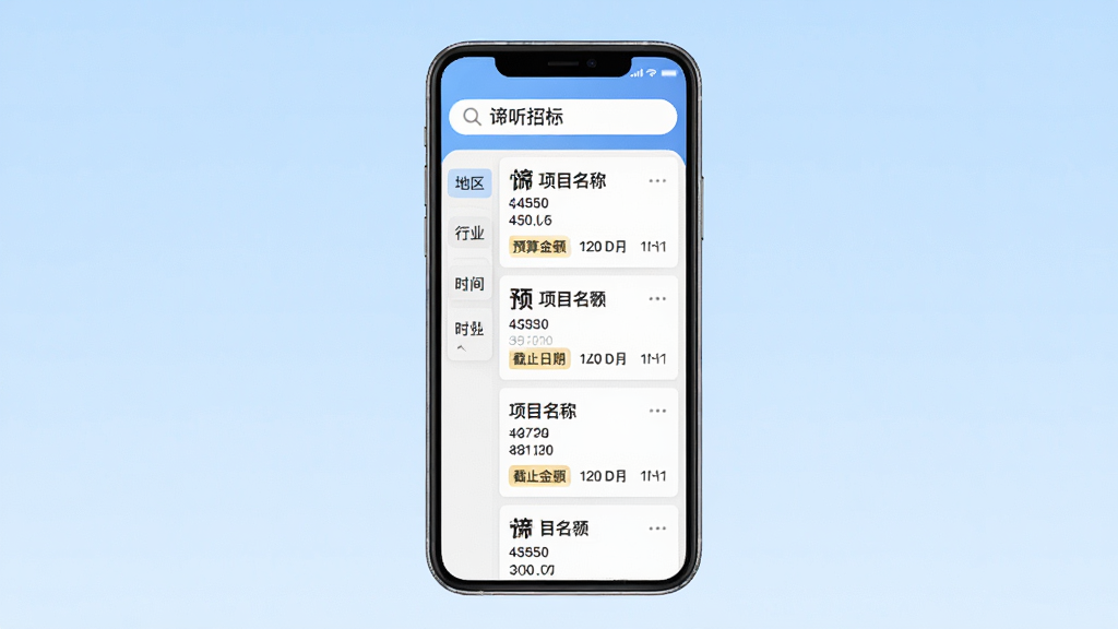 谛听招标应用主界面全貌展示,手机屏幕居中,顶部搜索栏显示“谛听招标”,下方是招标信息卡片列表,左侧筛选栏包含地区、行业、时间分类,卡片上有项目名称、预算金额、截止日期标签,背景为浅蓝色渐变,界面风格现代扁平,文字清晰,画质干净无多余元素