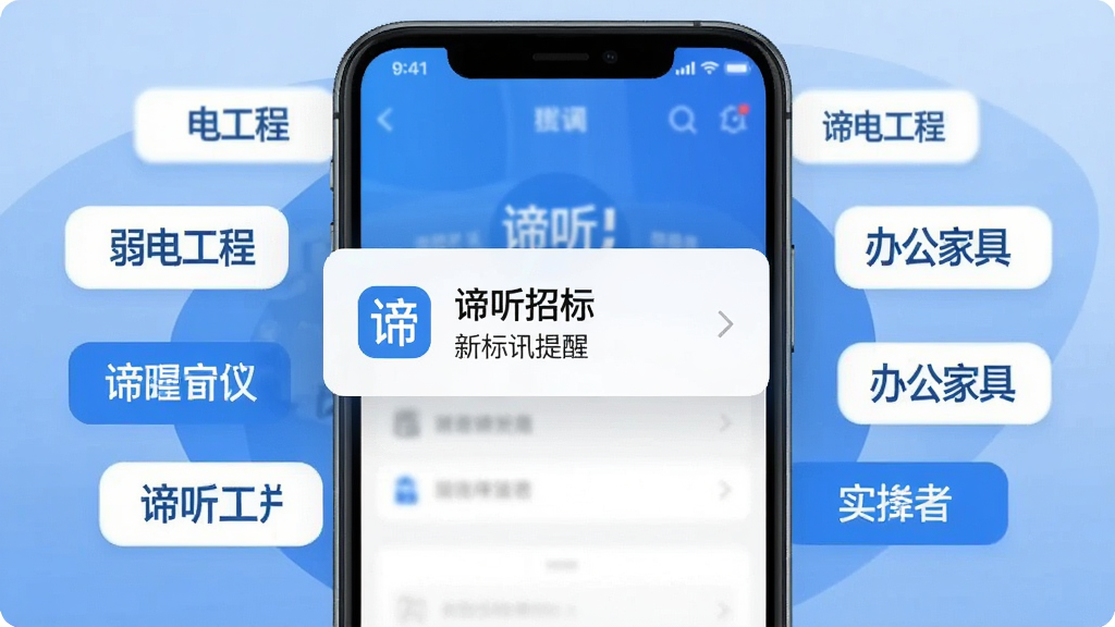 谛听招标关键词订阅功能展示,手机界面中央弹出通知卡片,显示“谛听招标”新标讯提醒,背景是多个行业标签如“弱电工程”“办公家具”环绕,风格简洁明快,色彩以蓝白为主,画质清晰干净