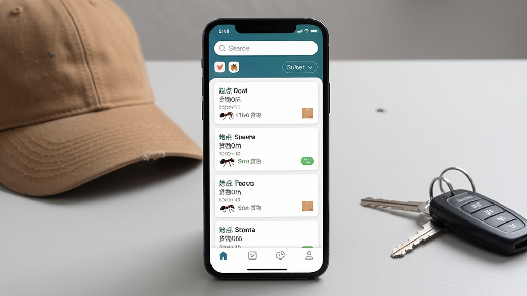 一张展示蚂蚁搬搬货主端App整体界面的手机屏幕截图,画面中心是一部立着的智能手机,手机屏幕上显示着App的首页,上方有搜索栏和筛选按钮,中间是列表形式的货源卡片,每张卡片上写着起点终点和货物信息,底部有导航栏,背景是浅灰色的桌面,桌面上放着一顶鸭舌帽和车钥匙,风格写实,细节清晰,画质干净,无多余元素