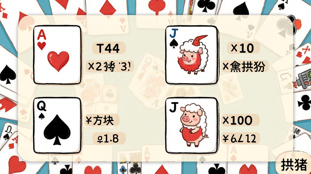 一张拱猪游戏规则说明界面的截图,画面以扑克牌元素为背景,中间用清晰的图文展示拱猪的核心牌型:红桃A到K代表负分、黑桃Q画着一只可爱的卡通猪、方块J画着一只卡通羊、梅花10画着变压器图标,每个牌型旁边有简短的分数说明文字,整体风格卡通手绘,色彩鲜明,布局整齐,画质干净,图片角落有