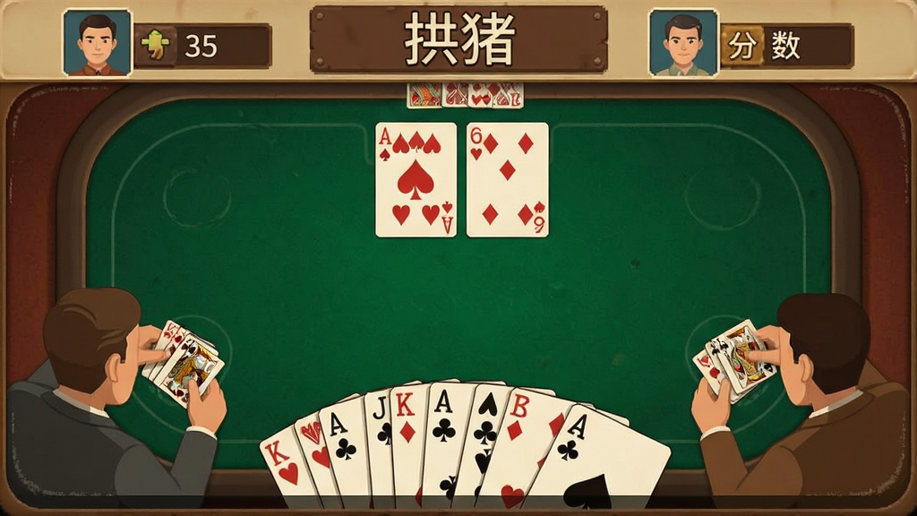一张手机游戏界面截图,画面中央是经典的拱猪扑克牌桌布局,四位玩家围坐,牌桌是深绿色绒布质感,中间显示四张已经打出的扑克牌,画面底部是玩家手牌扇形展开,顶部有四个玩家的头像和分数显示,界面风格复古简约,色调温暖,画质清晰干净,无多余元素,图片上方有