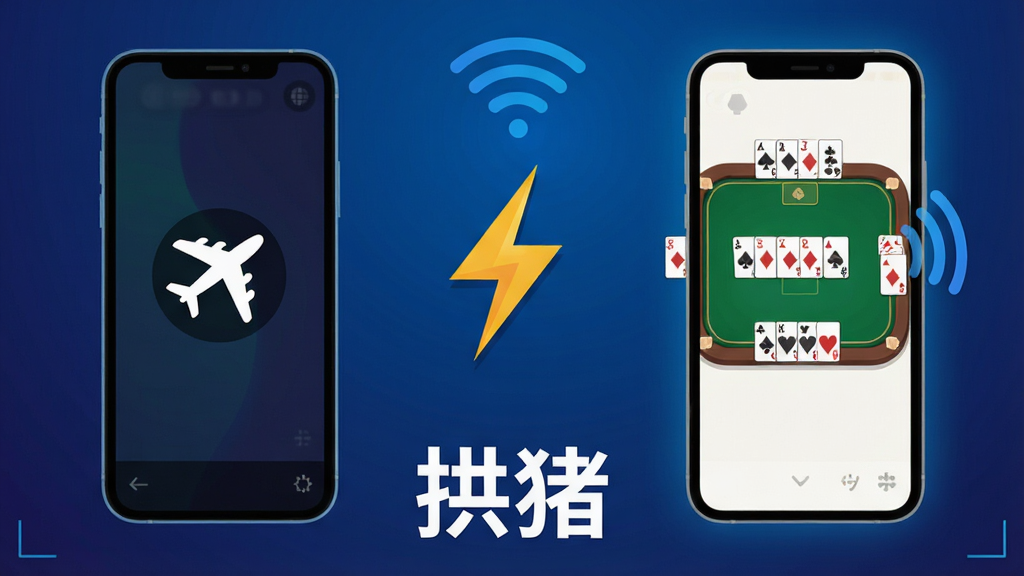 一张展示拱猪游戏离线模式的宣传图,画面左侧是一部手机显示飞行模式图标,右侧是手机屏幕亮着显示拱猪游戏牌桌界面,中间用闪电符号连接表示无需网络即可运行,背景是深蓝色渐变,风格扁平化设计,色彩对比鲜明,画面干净整洁,图片下方有