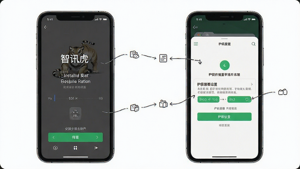 智讯虎 安装步骤示意图 手机屏幕显示安装界面和权限设置页面 主体为手机操作截图 布局分步展示 风格简洁清晰 细节标注明确 画质干净