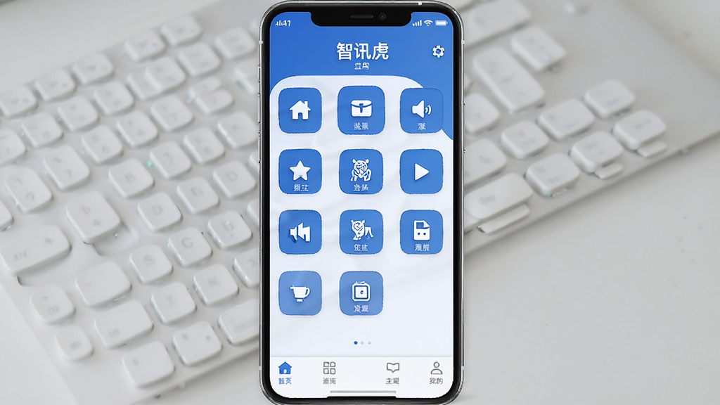 智讯虎 应用界面 展示无广告清爽主页 蓝白主色调 顶部为状态栏 中间为功能图标网格 底部为导航栏 风格极简 排版整齐 画质干净无多余元素