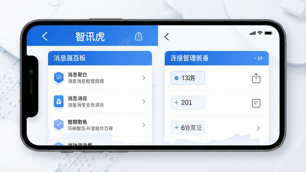 智讯虎 功能界面 展示消息聚合面板和连接管理界面 主体为手机屏幕截图风格 布局清晰 排版规整 蓝白配色 细节精致 画质干净