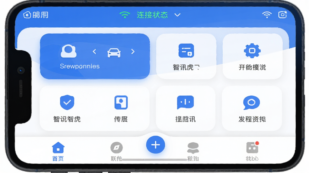 智讯虎 手机应用主界面 蓝白配色 顶部显示连接状态 中间为功能卡片布局 底部导航栏清晰 风格现代扁平 图标圆润 画质干净无多余元素