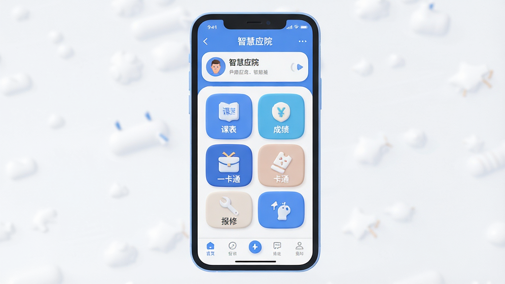 一张展示“智慧应院”手机应用主界面的3D渲染图,主体为一部竖屏智能手机,屏幕内显示“智慧应院”APP首页,布局包含顶部个人信息栏、中部功能宫格图标(课表、成绩、一卡通、报修等),底部导航栏,排版清晰有序,风格为现代简约扁平化设计,细节上图标圆润、色彩以蓝色和白色为主,画质高清干净,无多余元素。