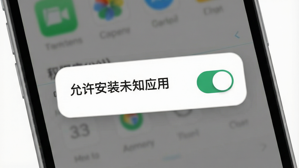 一张展示手机安装应用时弹出权限设置界面的示意图,主体为手机屏幕特写,屏幕中央显示“允许安装未知应用”的权限开关弹窗,布局为居中排版,风格为扁平化UI界面截图风格,细节上开关按钮清晰、文字明确,画质高清干净,无多余元素。