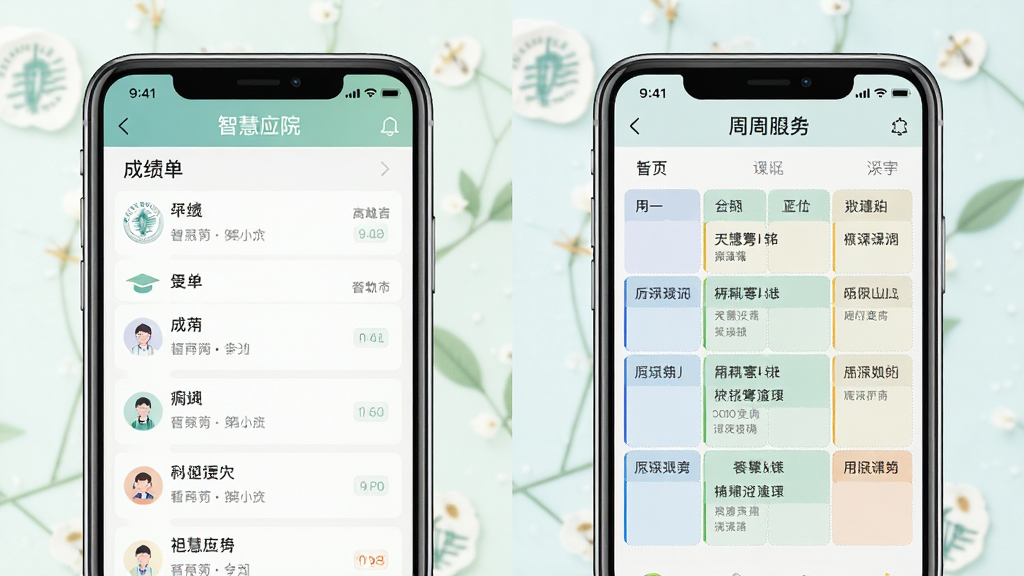 一张展示“智慧应院”APP成绩查询和课表界面的组合图,主体为两部手机并排展示,左侧手机显示成绩单列表界面,右侧手机显示周课表网格界面,布局为左右对称排版,风格为清新校园风,细节上界面文字清晰、色彩柔和,画质高清干净,无多余元素。