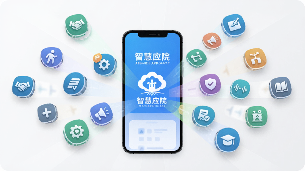 一张“智慧应院”APP功能模块的爆炸图或拆解展示图,主体为手机屏幕中飞出各种功能图标,布局为中心向外辐射式排版,风格为科技感扁平插画,细节上图标带有轻微投影,背景干净浅灰,画质清晰明亮,无多余元素。