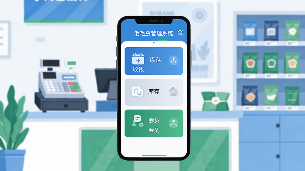 一张门店管理场景的插画,画面中央是手机屏幕显示