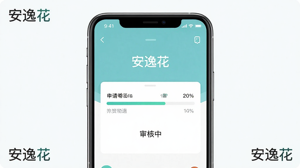 一张AI生成的图片,主体为手机屏幕显示安逸花申请进度界面,布局居中,排版清晰,风格扁平化,细节包括进度条和“审核中”字样,画质干净无多余元素,图片角落有“安逸花”文字