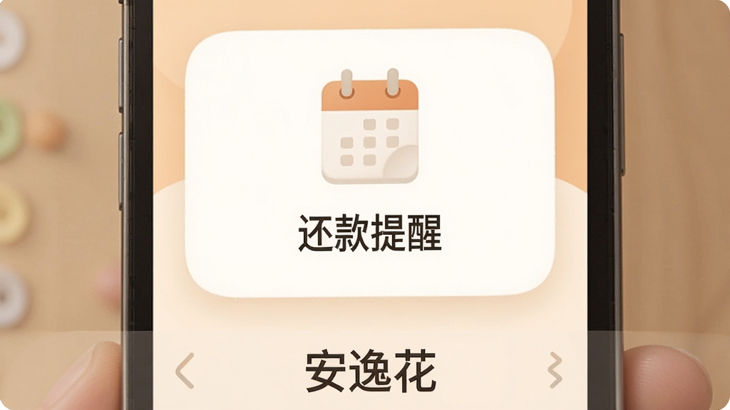 一张AI生成的图片,主体为手机屏幕显示安逸花还款提醒界面,布局居中,排版简洁,风格温馨,细节包括日历图标和“还款提醒”文字,画质清晰干净,无多余元素,图片下方有“安逸花”文字