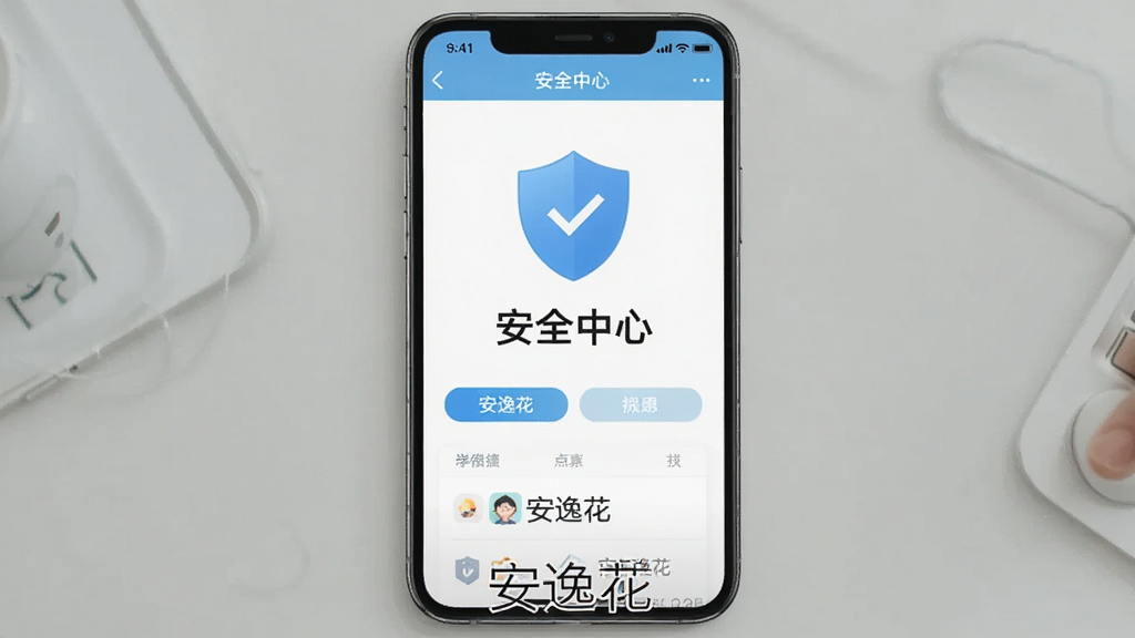 一张AI生成的图片,主体为手机屏幕显示安逸花安全中心界面,布局居中,排版整齐,风格安全可靠,细节包括盾牌图标和“安全中心”文字,画质干净无多余元素,图片下方有“安逸花”文字