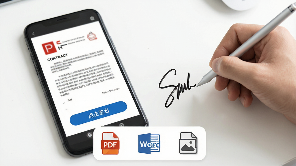 手签宝功能展示图,画面左侧是一部手机,屏幕显示导入的PDF合同页面,页面上有一个醒目的