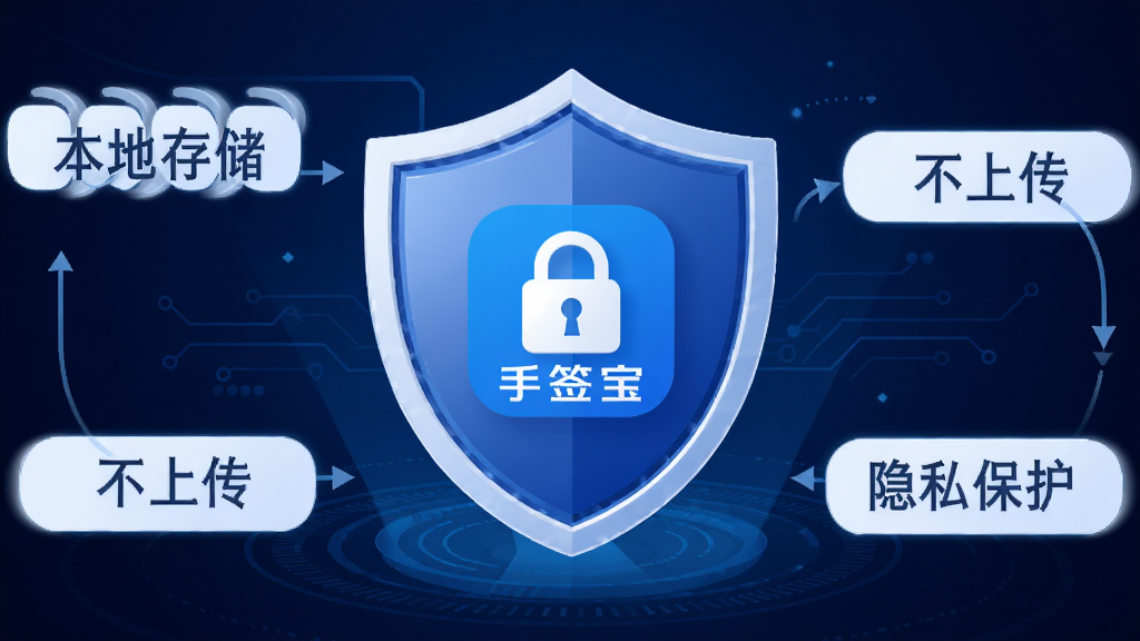 手签宝安全隐私功能示意图,画面中央是一个手机盾牌图标,盾牌内部显示