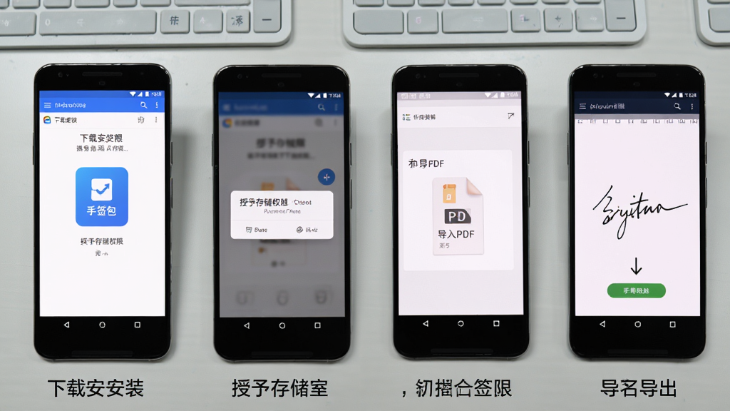 手签宝手机操作步骤图,画面展示一部安卓手机从安装到签名的四个步骤,第一步显示下载安装包界面,第二步显示授予存储权限弹窗,第三步显示导入PDF文件,第四步显示手写签名并导出,每一步下方有简短的中文标注,背景是浅灰色工作台,整体风格教程图解,画质清晰干净