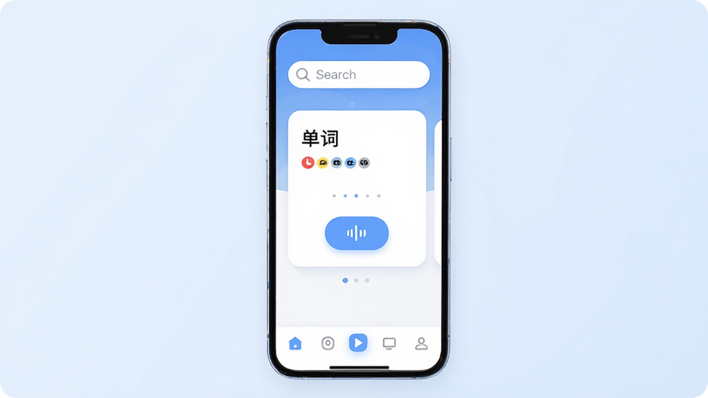小七英语App主界面展示,主体为手机屏幕,布局上方是搜索栏,中间是每日单词卡片和发音按钮,下方为底部导航栏,排版简洁有序,风格现代扁平化,细节圆润,背景为淡蓝色渐变,画质清晰干净无多余元素