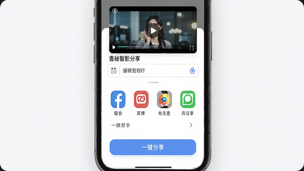 壹秘智影分享界面展示,手机屏幕显示分享面板,包含多个社交平台图标排列,顶部有视频封面预览和标题编辑框,底部有一键分享按钮,风格简洁明快,布局合理,画质清晰干净