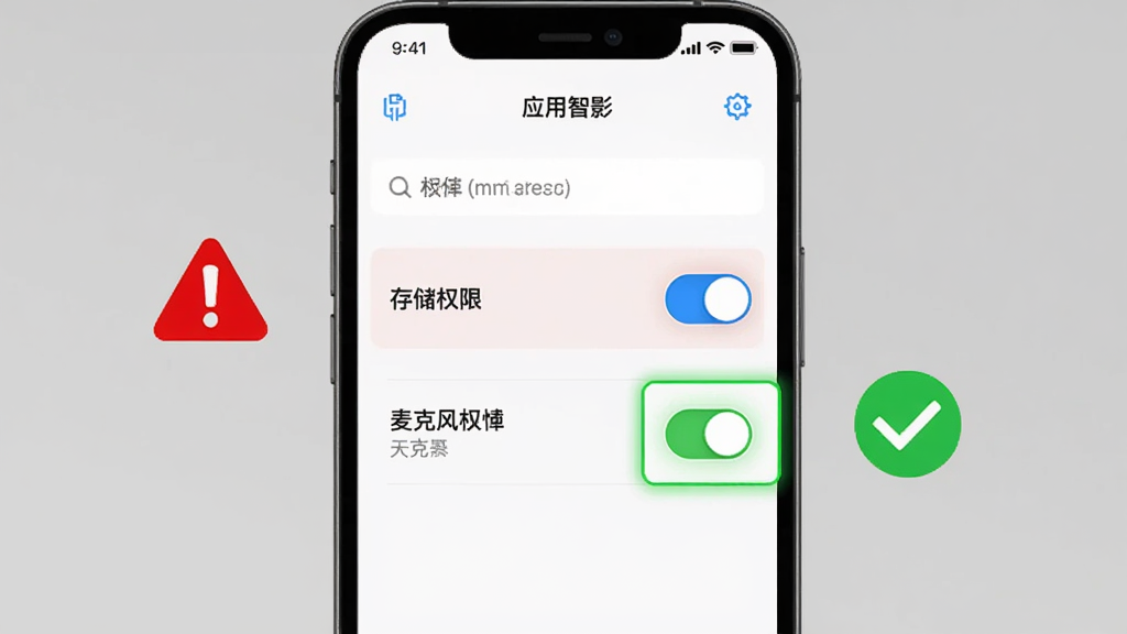 壹秘智影安装权限设置示意图,手机屏幕显示应用权限管理界面,存储权限和麦克风权限开关被高亮标注,旁边有红色警示图标和绿色对勾图标,背景为简洁的灰色调,布局清晰,画质干净无多余元素