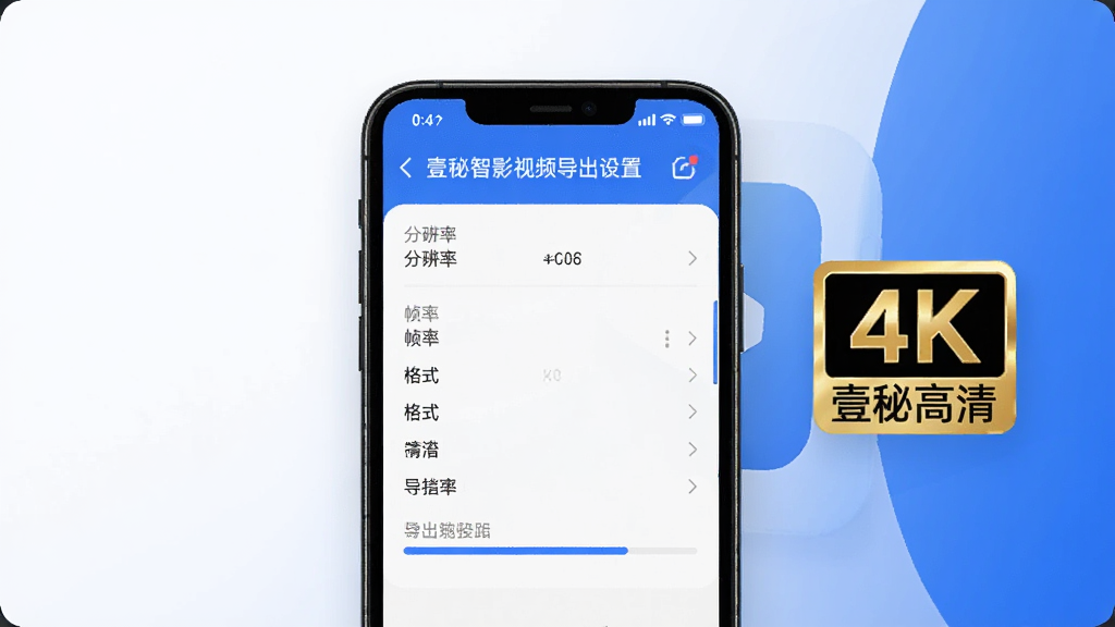 壹秘智影视频导出设置界面展示,手机屏幕显示导出参数选项,包括分辨率、帧率、格式等,旁边有4K高清标识和导出进度条,背景为简洁的白色和蓝色调,界面布局清晰,画质干净无多余元素
