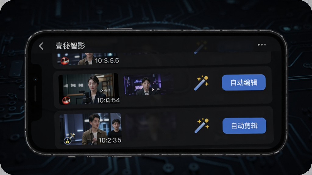 壹秘智影智能剪辑功能界面展示,手机屏幕显示自动识别出的精彩片段列表,每个片段带有缩略图和时长标记,旁边有魔法棒图标和自动剪辑按钮,背景为深色科技风格,界面布局整洁,画质清晰,文字标签明确