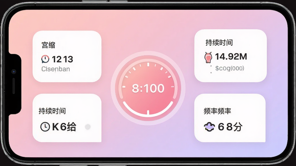 宫缩记录器手机应用界面展示,主界面中央是一个醒目的圆形计时按钮,周围环绕宫缩间隔、持续时间、频率等数据卡片,背景是柔和的粉色和浅紫色渐变,界面风格简洁现代扁平,画质干净无多余元素