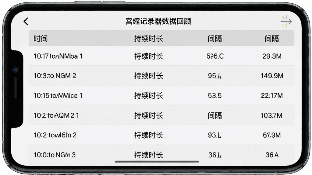 宫缩记录器数据回顾界面,列表展示多次宫缩记录的时间、持续时长和间隔数据,背景为浅灰色,列表项清晰排列,风格干净整洁,画质清晰无多余元素