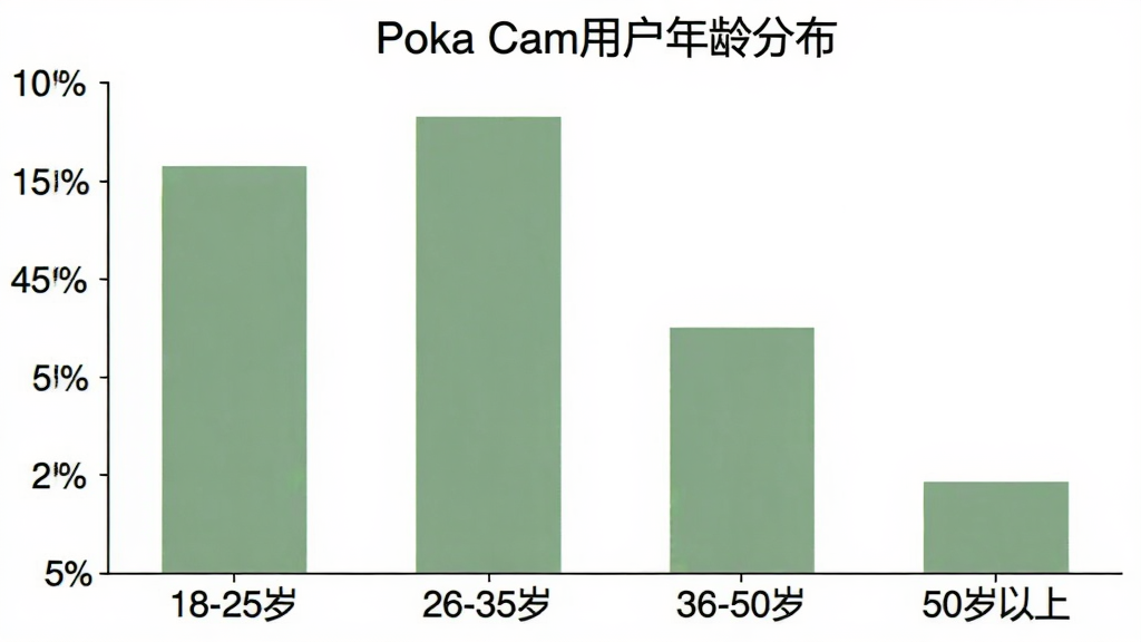 一张柱状图,横轴是年龄区间“18-25岁”、“26-35岁”、“36-50岁”、“50岁以上”,纵轴是人数百分比,柱子高度分别显示35%、40%、15%、10%,图表标题为“Poka Cam用户年龄分布”,柱状图颜色为柔和的复古绿色,背景为白色,风格简洁清晰,无多余元素