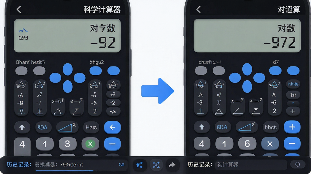 一张科学计算器App功能展示图,画面左侧展示三角函数运算界面,右侧展示对数运算界面,中间用箭头连接表示切换流程,界面采用深色主题配蓝色高亮按键,屏幕上方显示科学计算器字样,底部有历史记录栏,整体排版清晰,风格现代扁平,细节圆润,画质干净,无多余元素