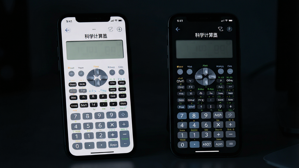 一张科学计算器App深色模式效果展示图,画面展示两部手机并排,左边手机显示浅色主题的科学计算器界面,右边手机显示深色主题的科学计算器界面,屏幕上方均显示科学计算器字样,按键在深色模式下呈现柔和的蓝灰色调,背景为暗色环境,光线昏暗,风格现代,细节精致,画质干净,无多余元素