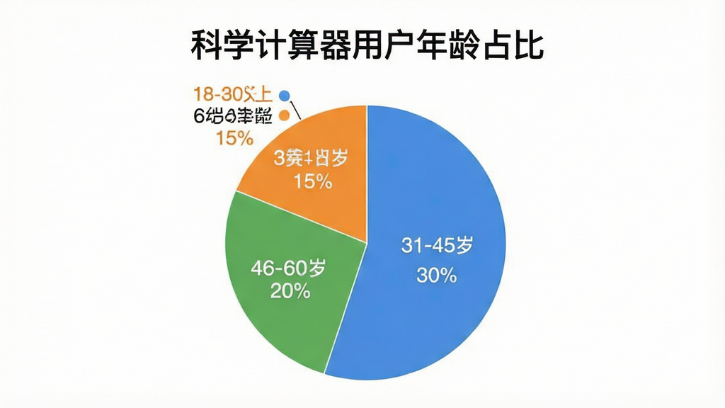 一张科学计算器App用户年龄分布饼状图,图表标题为科学计算器用户年龄占比,饼图分为四个扇区,18-30岁占比35%,31-45岁占比30%,46-60岁占比20%,60岁以上占比15%,每个扇区用不同颜色区分并标注百分比,背景为白色,图表风格简洁现代,文字清晰,画质干净,无多余元素