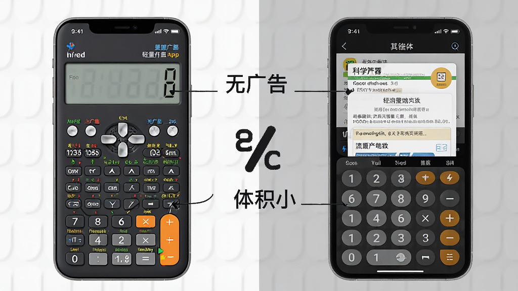 一张科学计算器App轻量无广告特点的对比展示图,画面左侧展示科学计算器App的简洁界面,右侧用灰色调展示其他计算器App的广告弹窗和复杂界面,中间用对比符号连接,科学计算器界面标注无广告、体积小字样,整体风格简洁明快,排版清晰,细节干净,画质清晰,无多余元素