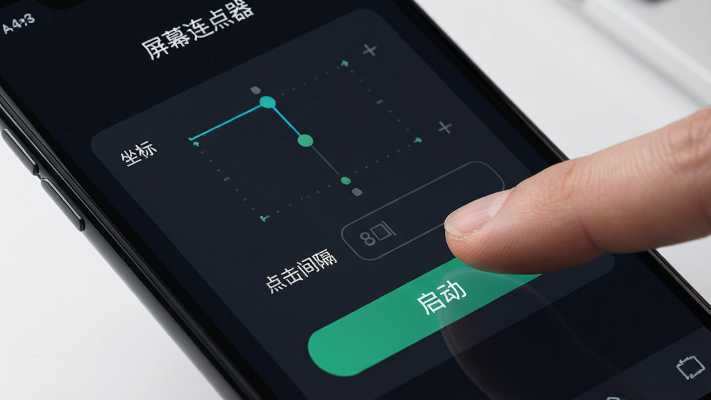 一张手机屏幕特写图,画面中央是“屏幕连点器”的应用主界面,界面以深色背景为主,上面显示着连点参数设置面板,有坐标点标记、点击间隔输入框和启动按钮,旁边放着一根手指正在点击屏幕,整体风格简洁科技感,画质干净清晰无多余元素