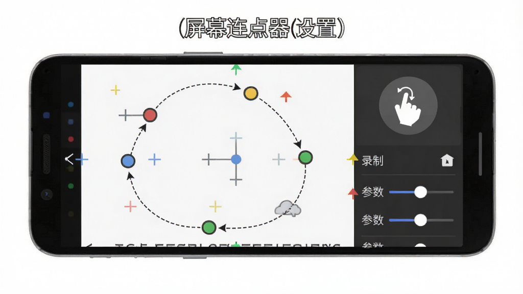 一张功能展示图,画面中一部安卓手机屏幕上显示“屏幕连点器”的多点位设置界面,有多个彩色坐标点分布在屏幕不同位置,用虚线箭头连接表示循环顺序,旁边有手势录制按钮和参数调节滑块,风格扁平化设计,画质干净清晰