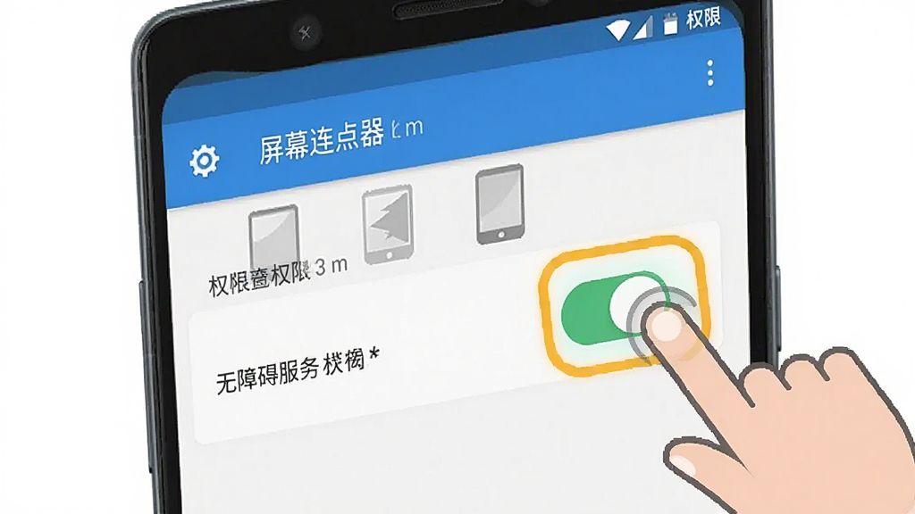 一张手机操作示意图,画面中一部安卓手机屏幕上显示着“屏幕连点器”的权限设置页面,有悬浮窗权限和无障碍服务的开关按钮被高亮标注,旁边有手指点击的动画效果,风格简洁明了,画质干净清晰