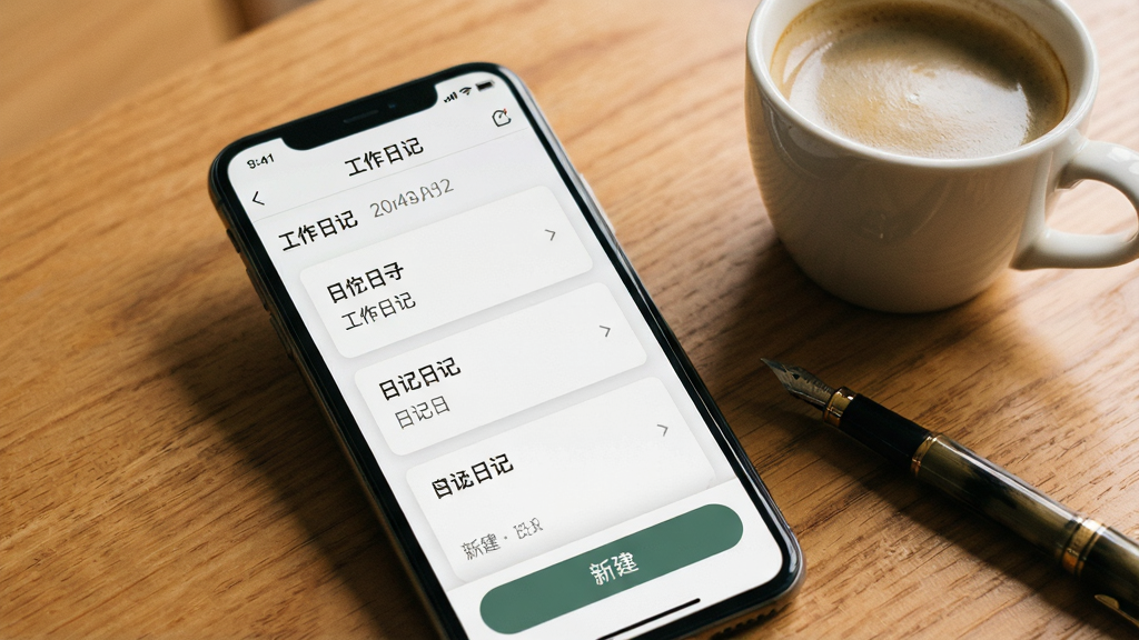 一张手机屏幕特写,屏幕显示“工作日记”app主界面,布局简洁,顶部日期,中间是日记列表卡片,底部有新建按钮。背景是温馨的木质桌面,旁边有一杯咖啡和一支钢笔,自然光,画质干净,无多余元素。