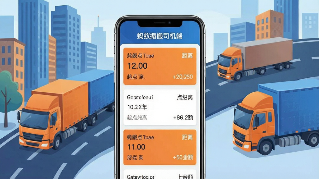 一张展示“蚂蚁搬搬司机端”手机应用主界面的图片,画面中央是一部竖向放置的智能手机,屏幕显示货运订单列表,顶部有“蚂蚁搬搬司机端”文字标识,订单卡片包含起点终点距离和金额信息,背景是城市道路与货车元素融合的插画风格,布局简洁明了,色彩以蓝色和橙色为主,细节清晰,画质干净无多余元素