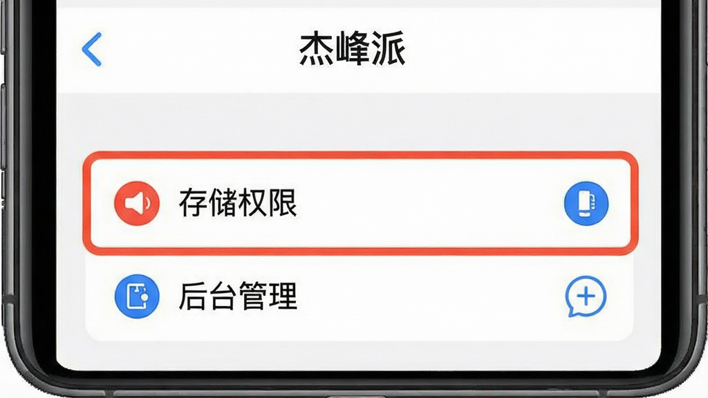 一张手机屏幕截图风格的示意图,画面中显示“杰峰派”软件的权限管理界面,高亮标注出“存储权限”和“后台管理”两个选项,旁边有红色和蓝色的提示图标,风格直观清晰,画质干净,无多余元素