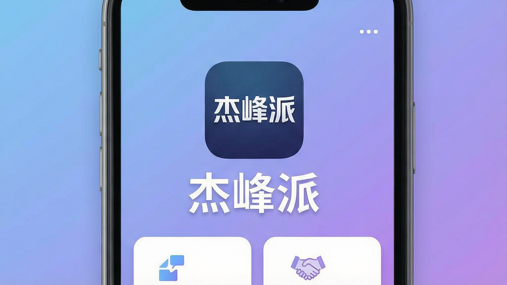一张手机应用主界面展示图,画面中央是“杰峰派”应用图标和醒目的软件名称文字,背景是柔和的蓝紫色渐变,手机屏幕内显示简洁的功能卡片布局,风格现代扁平,细节清晰,画质干净无多余元素