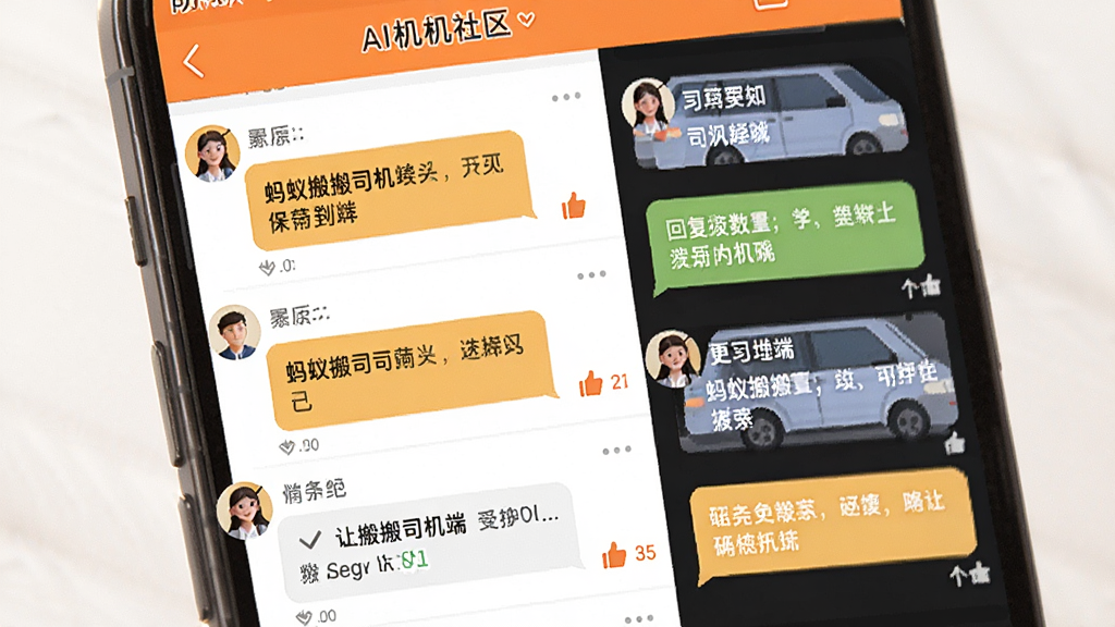 AI生图,画面展示“蚂蚁搬搬司机端”应用内的司机社区界面,布局为手机屏幕特写,排版左侧是帖子列表右侧是回复气泡,风格扁平化UI设计,细节包括用户头像、文字气泡、点赞图标,色彩温暖明亮,画质清晰干净无多余元素