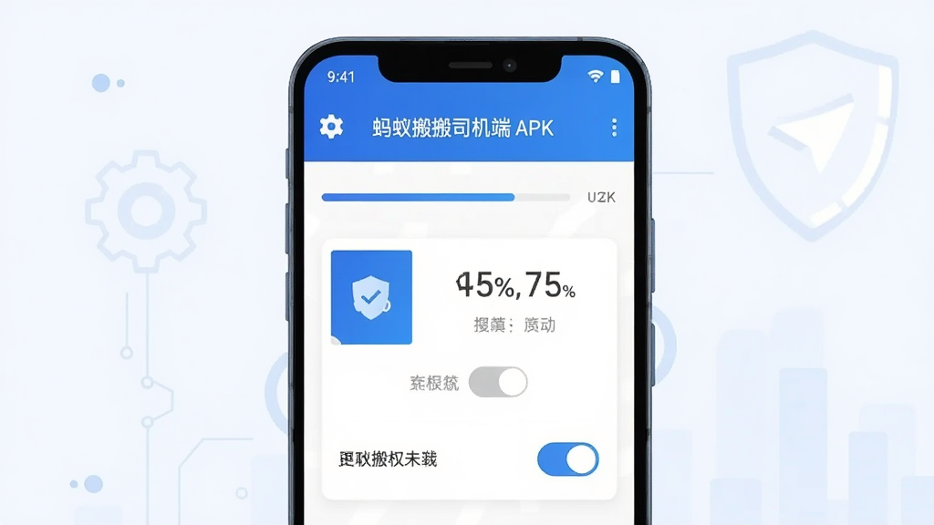 AI生图,画面展示一部安卓手机正在安装“蚂蚁搬搬司机端”APK文件的界面,布局为手机屏幕特写居中,排版上方是安装进度条下方是权限开关示意,风格科技感扁平插画,细节包括设置齿轮图标、盾牌安全图标、进度百分比数字,色彩蓝白为主,画质清晰干净无多余元素