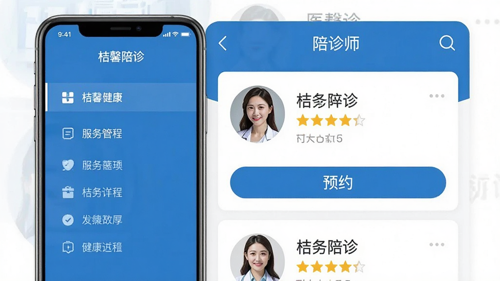 桔馨陪诊 手机应用主界面 布局 左侧为功能菜单 右侧为陪诊师列表 排版 简洁清晰 风格 医疗健康类APP 蓝色与白色为主色调 细节 陪诊师头像 服务评价星级 预约按钮 画质 干净 无多余元素