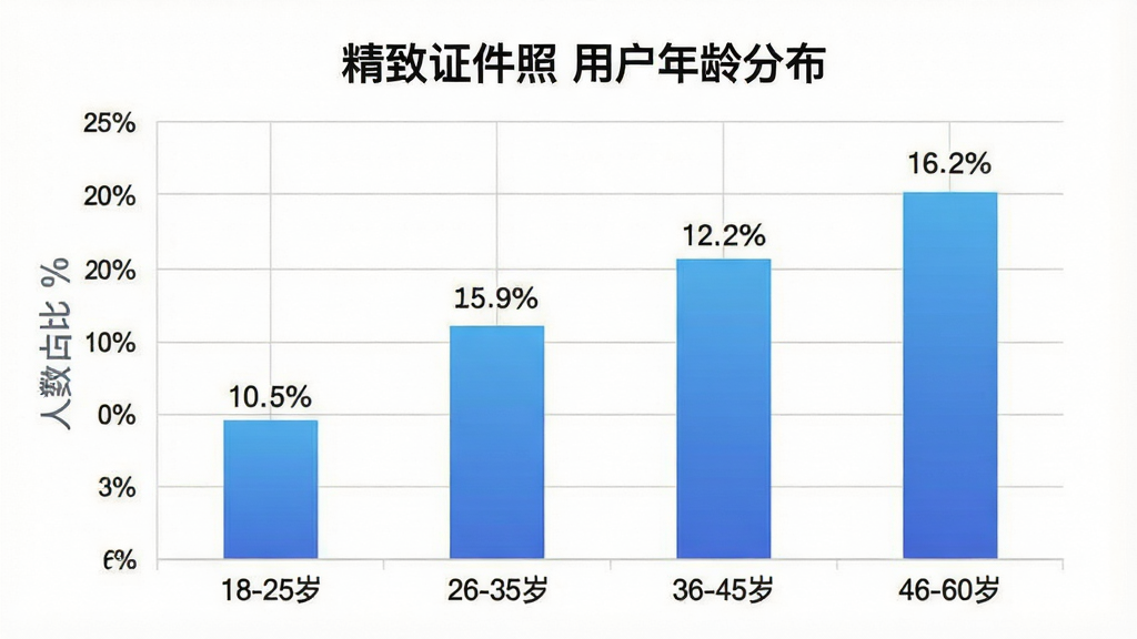 一张展示「精致证件照」用户年龄分布的柱状图,主体是白色背景上的数据图表,横轴标注年龄段「18-25岁」「26-35岁」「36-45岁」「46-60岁」,纵轴标注人数占比百分比,柱状图颜色为蓝色渐变,每个柱子上方标注具体百分比数值,布局为居中排版,风格简洁数据可视化,细节上图表带有浅灰色网格线,画质高清,干净无多余元素。