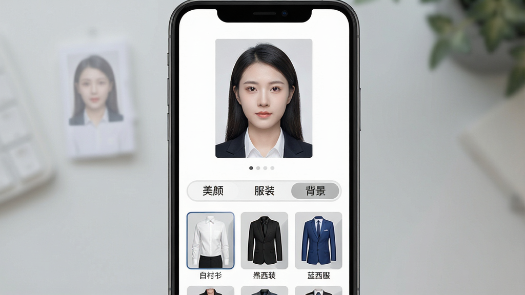 一张展示「精致证件照」美颜与服装切换功能的图片,主体是手机屏幕,屏幕上显示一张人物证件照,下方有「美颜」「服装」「背景」三个选项卡,当前停留在「服装」页,展示着「白衬衫」「黑西装」「蓝西服」等服装模板缩略图,布局为上下结构,风格现代简约,细节上服装模板带有半透明预览效果,画质高清,干净无多余元素。