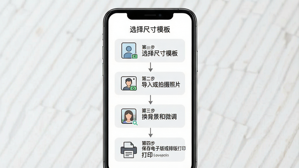一张展示「精致证件照」新手操作步骤的图片,主体是手机屏幕,屏幕上以流程图形式展示四个步骤:第一步「选择尺寸模板」,第二步「导入或拍摄照片」,第三步「换背景和微调」,第四步「保存电子版或排版打印」,布局为从上到下的竖向流程排版,风格扁平化信息图,细节上每个步骤配有简洁图标和文字说明,画质高清,干净无多余元素。