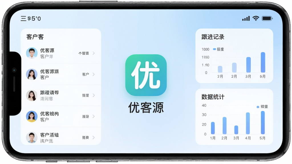 优客源软件主界面全貌展示,手机屏幕中央显示优客源应用图标和名称,背景为淡蓝色渐变,界面布局清晰展示客户列表、跟进记录、数据统计三大模块,风格现代扁平化,细节圆润,画质干净无多余元素