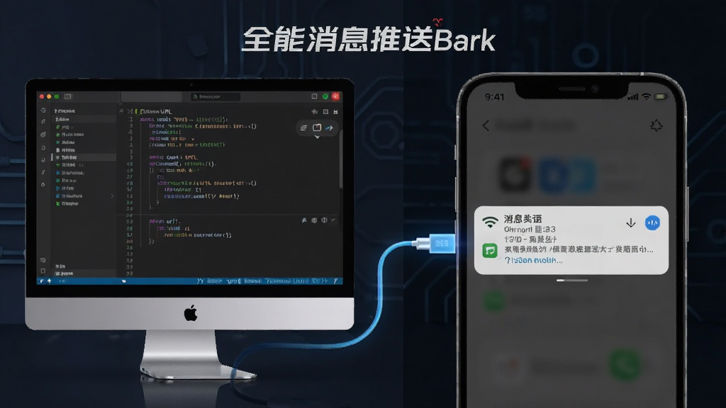 画面分为左右两部分,左侧是电脑屏幕上显示代码编辑器中的推送URL配置界面,右侧是手机屏幕显示收到推送消息的通知横幅,中间用一条发光的数据线连接,画面中有
