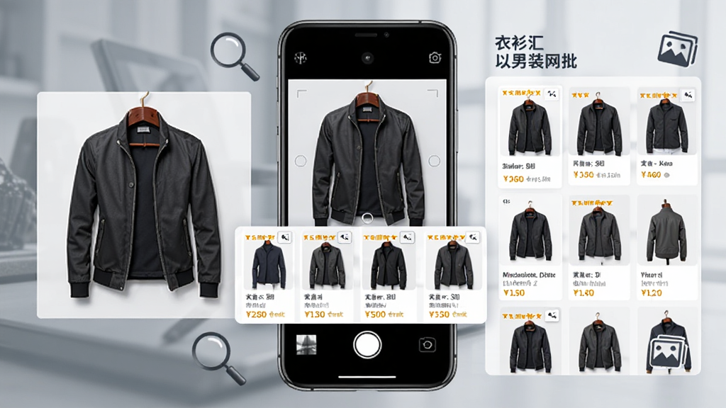 衣衫汇男装网批以图搜款功能展示图,画面中央是一部手机,屏幕上显示相机取景框对准一件男士夹克,取景框下方弹出多个相似款式的搜索结果卡片,卡片上带有价格标签,周围点缀放大镜和图片图标,布局采用左右分栏,左侧显示拍摄原图,右侧展示匹配列表,风格简洁商务,细节清晰,画质干净无多余元素。